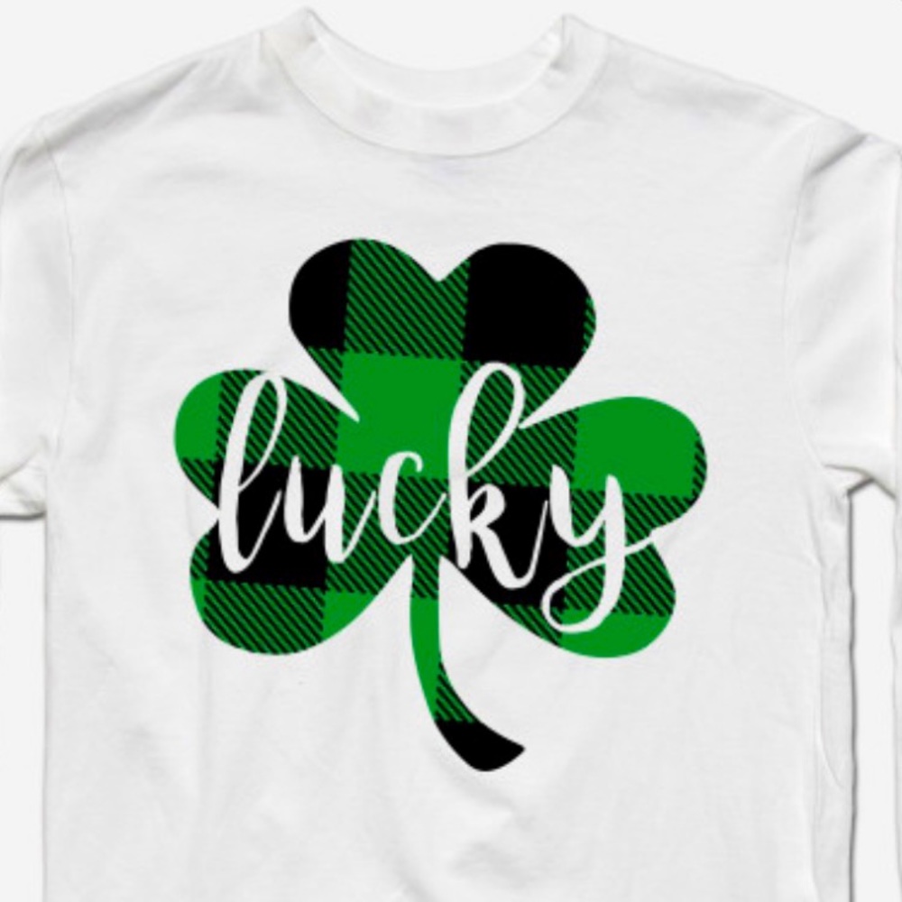 “lucky” white custom tee with buffalo check clover